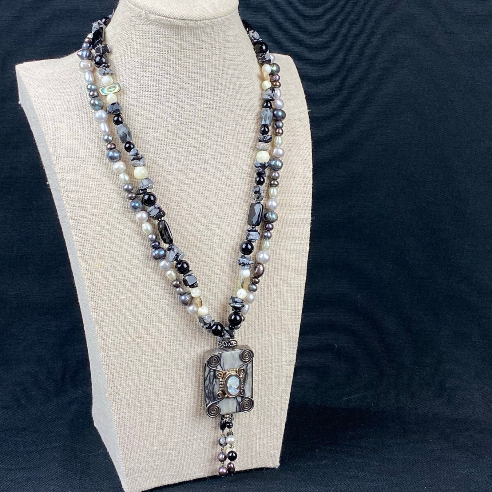 Sajen Sterling Silver Abalone Snowflake Obsidian And Cultured Pearl Necklace 250$